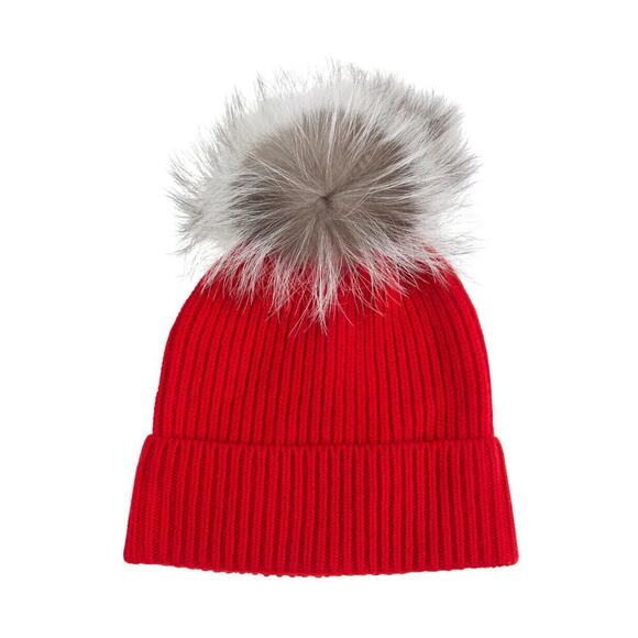 NWT Amicale Cashmere CHUNKY RIBBED CASHMERE HAT With FUR POM Red - Picture 1 of 8